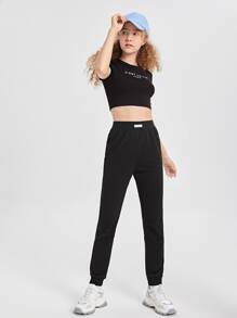 SHEIN Quần thể thao Con gái Đắp vá Lá thư - màu đen - Xem 4