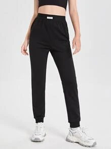 SHEIN Quần thể thao Con gái Đắp vá Lá thư - màu đen - Xem 6