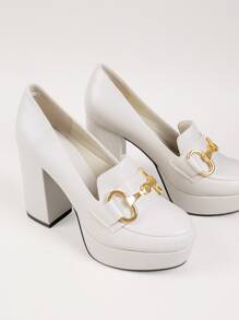 Vegan Leather Metal Block Heel Platform Penny Loafers - White - View 4