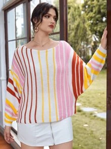 Plus Rainbow Striped Batwing Sleeve Jumper - Multicolor - View 1