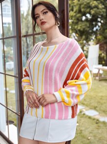Plus Rainbow Striped Batwing Sleeve Jumper - Multicolor - View 3