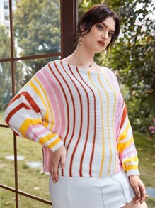 Plus Rainbow Striped Batwing Sleeve Jumper - Multicolor - View 4