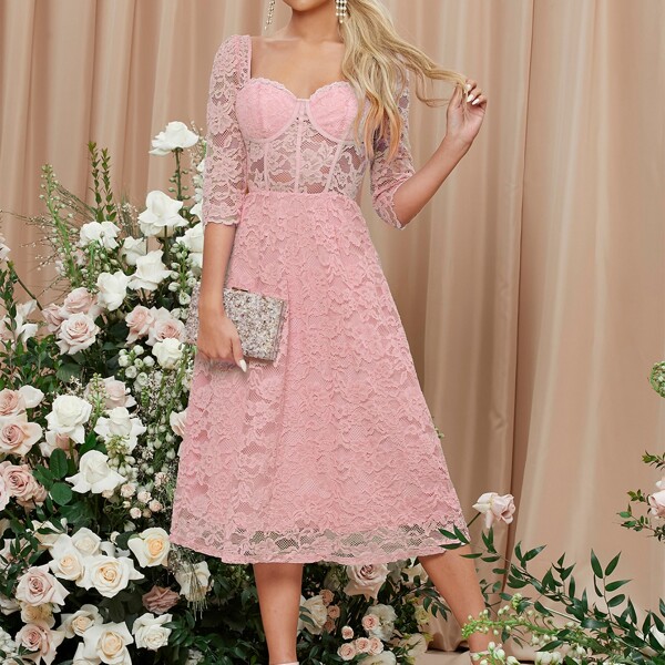 

Solid Sweetheart Neckline Lace Prom Dress, Pink