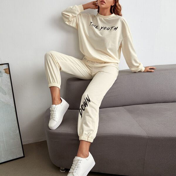 

Letter Graphic Drop Shoulder Sweatshirt & Sweatpants, Beige