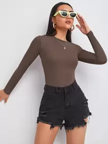 SHEIN Essnce Solid Form Fitted Tee - Chocolate Brown - View 2