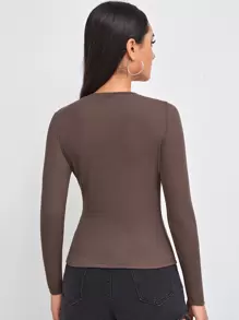 SHEIN Essnce Solid Form Fitted Tee - Chocolate Brown - View 3