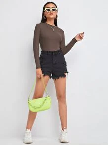 SHEIN Essnce Solid Form Fitted Tee - Chocolate Brown - View 4
