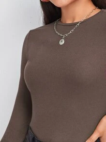 SHEIN Essnce Solid Form Fitted Tee - Chocolate Brown - View 5