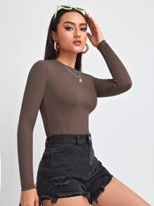 SHEIN Essnce Solid Form Fitted Tee - Chocolate Brown - View 6