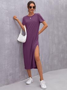 SHEIN LUNE 高開衩素色洋裝 - 紫色 - 查看 2