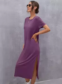 SHEIN LUNE 高開衩素色洋裝 - 紫色 - 查看 4