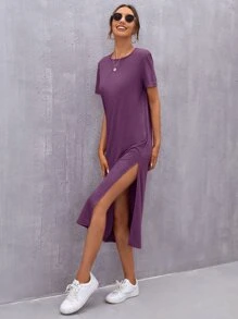 SHEIN LUNE 高開衩素色洋裝 - 紫色 - 查看 5