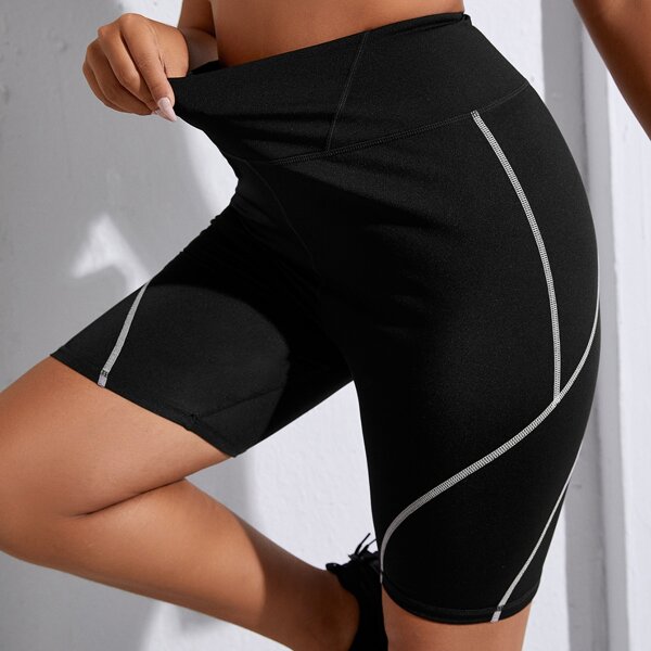 

Plus Contrast Topstitching Wide Band Waist Sports Shorts, Black