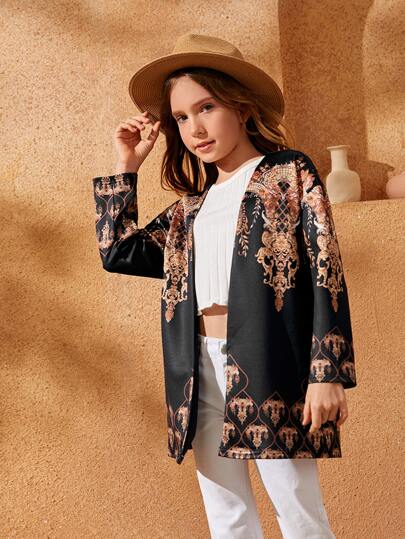 SHEIN Girls Baroque Pattern Open Front Coat
