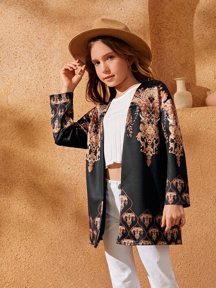 SHEIN 女孩宮廷風圖案開門襟外套 - 黑色 - 查看 1