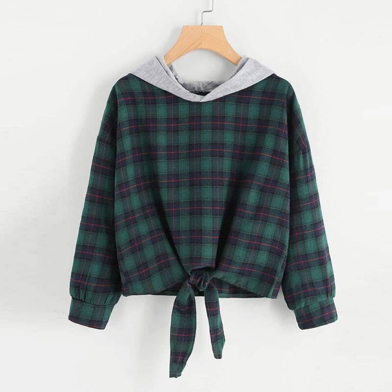 

Plaid Print Tie Front Hoodie, Dark green
