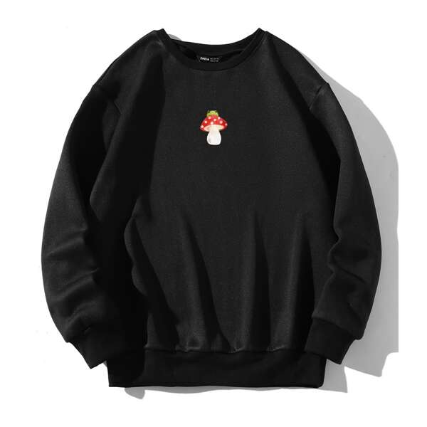 

Mushroom Print Drop Shoulder Sweatshirt, Black