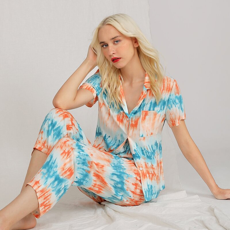 

Tie Dye Lapel Collar Pajama Set, Orange
