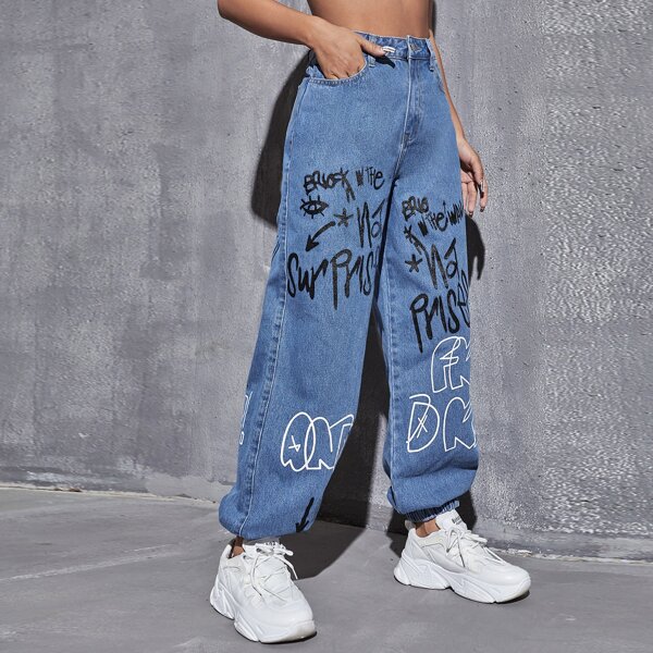

High Waist Letter Graphic Jogger Jeans, Medium wash
