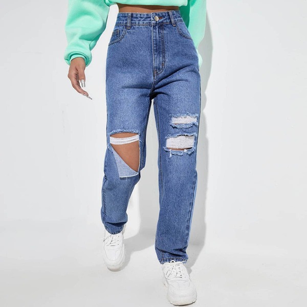 

High Waist Ripped Straight Leg Jeans, Medium wash