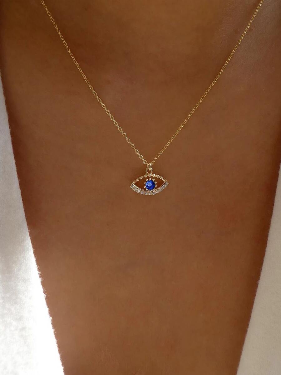Rhinestone Eye Charm Necklace - Yellow Gold - View 1