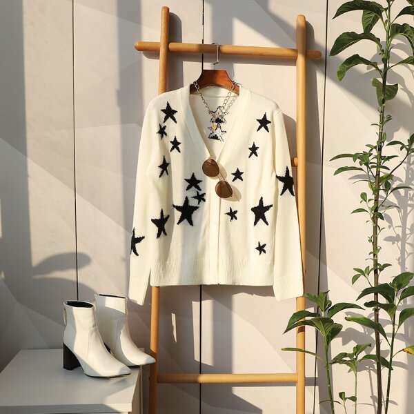 

Star Pattern Button Front Cardigan, White