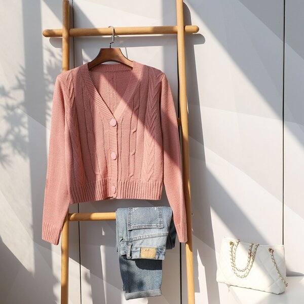

V Neck Button Front Cable Knit Cardigan, Coral pink