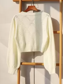 SHEIN MOD Flower Embroidery Pointelle Knit Crop Cardigan - White - View 2