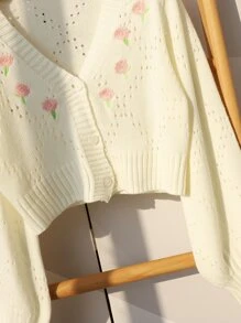 SHEIN MOD Flower Embroidery Pointelle Knit Crop Cardigan - White - View 3