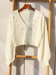 SHEIN MOD Flower Embroidery Pointelle Knit Crop Cardigan - White - View 4