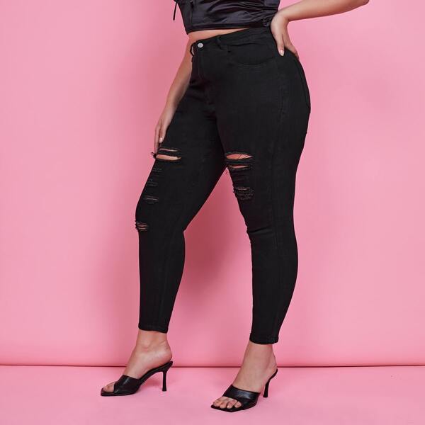 

Plus High Waist Ripped Frayed Skinny Jeans, Black