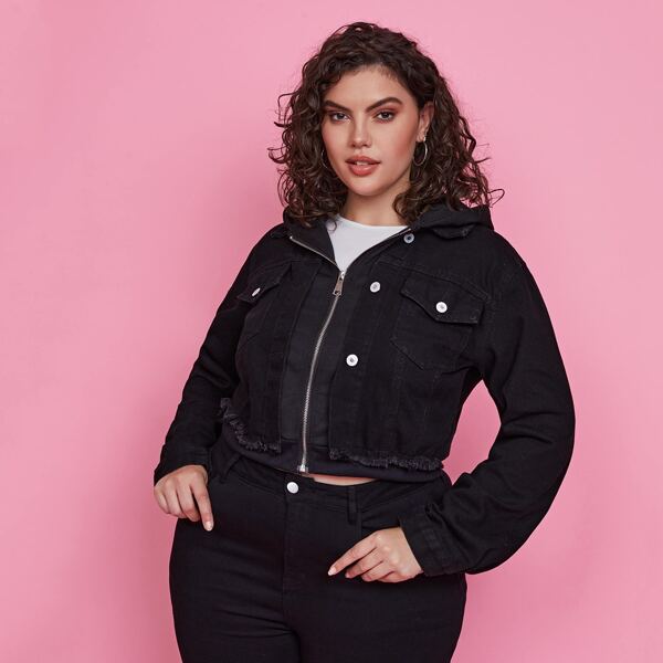 

Plus Flap Pocket Raw Trim 2 In 1 Denim Jacket, Black