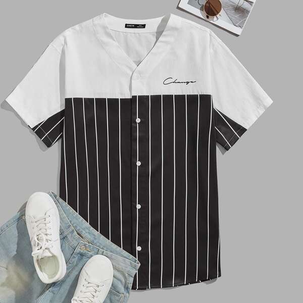 

Men Striped Letter Graphic Color Block Shirt, Black and white