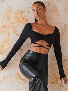 SHEIN BAE Sweetheart Neck Tie Back Crop Top - Black - View 1