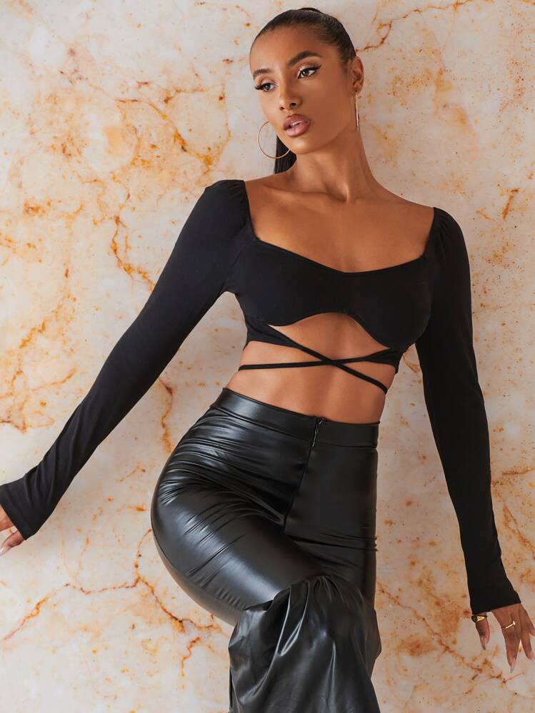 SHEIN BAE קשירה מאחור פשוט סקסי חולצות - שחור - ראה 1