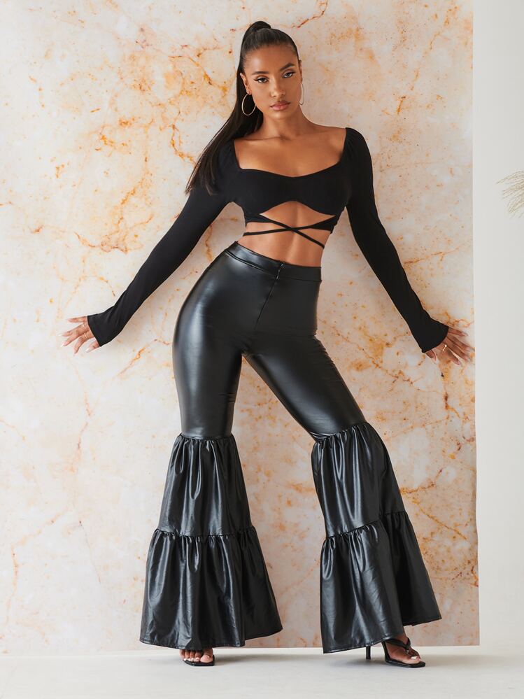 SHEIN BAE קשירה מאחור פשוט סקסי חולצות - שחור - ראה 3