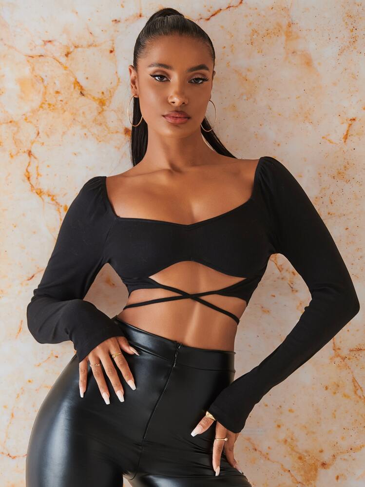 SHEIN BAE קשירה מאחור פשוט סקסי חולצות - שחור - ראה 4