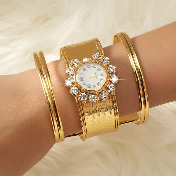 

Rhinestone Decor Round Pointer Quartz Watch