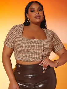 SHEIN SXY Plus 1pc Scoop Neck Double Breasted Plaid Tweed Blouse - Mocha Brown - View 1