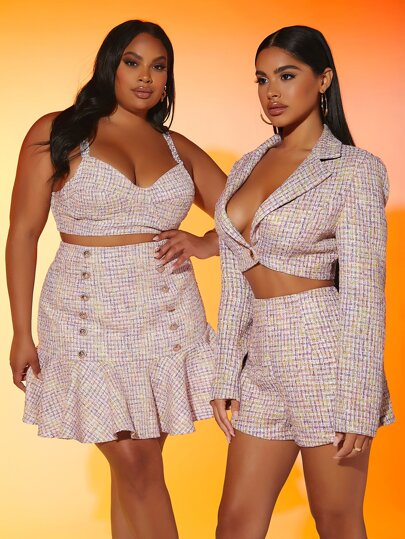 SHEIN 大碼1入組珍珠帶格紋短款粗花呢吊帶上衣