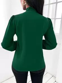 SHEIN LUNE Solid Tie Neck Blouse - Dark Green - View 2