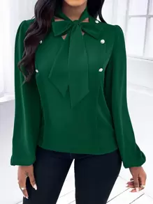 SHEIN LUNE Solid Tie Neck Blouse - Dark Green - View 3