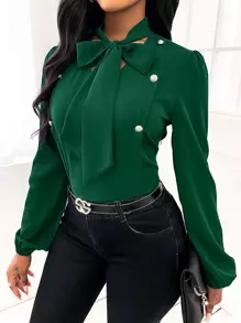 SHEIN LUNE Solid Tie Neck Blouse - Dark Green - View 4