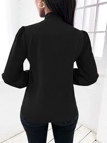SHEIN LUNE Solid Tie Neck Blouse - Black - View 2