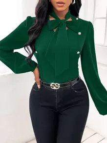 SHEIN LUNE Solid Tie Neck Blouse - Dark Green - View 5