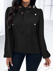 SHEIN LUNE Solid Tie Neck Blouse - Black - View 3