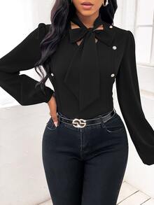 SHEIN LUNE Solid Tie Neck Blouse - Black - View 5