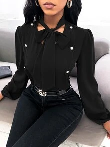 SHEIN LUNE Solid Tie Neck Blouse - Black - View 6