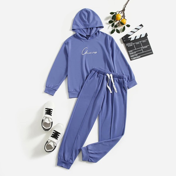 

Boys Letter Graphic Hoodie & Drawstring Waist Sweatpants, Blue