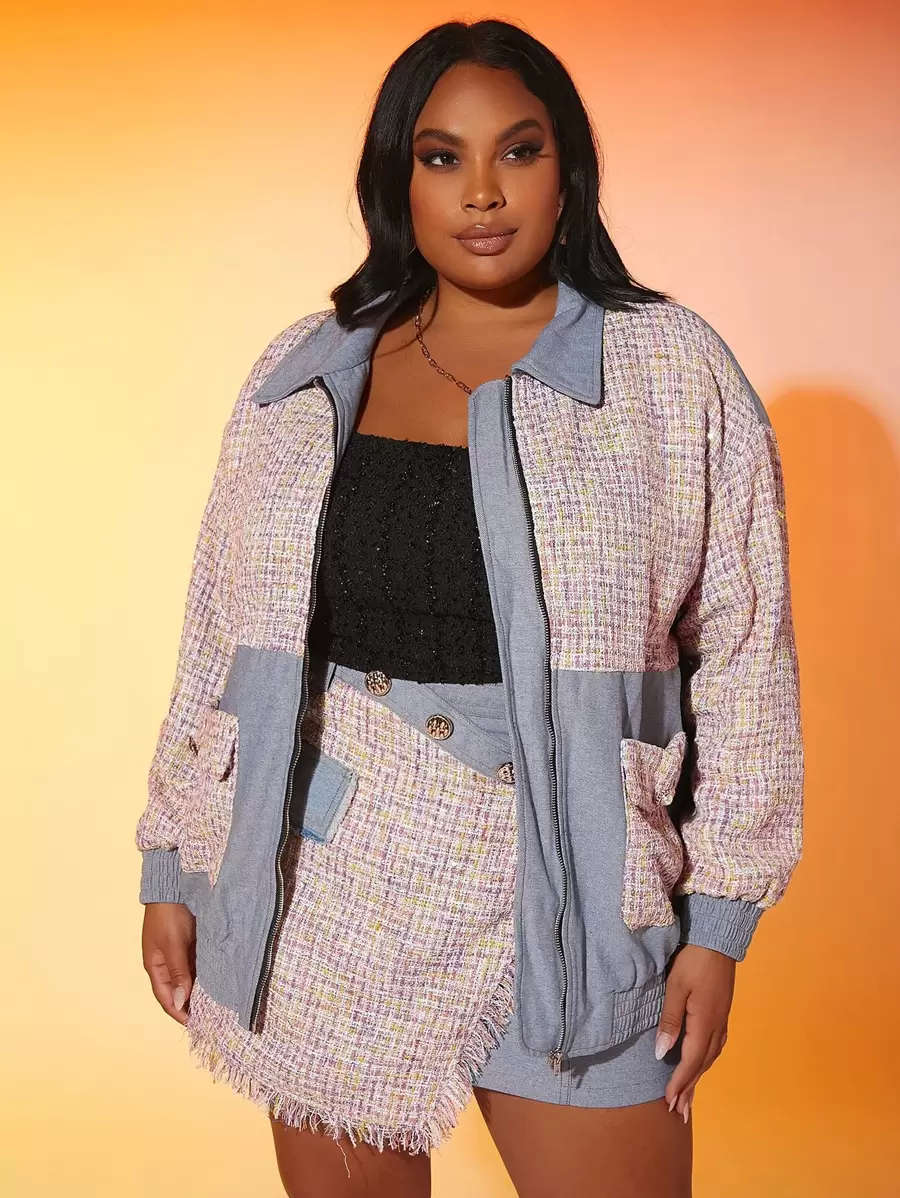 SHEIN SXY 大碼1入組雙口袋前拉鏈落肩袖粗花呢夾克 - 彩色 - 查看 1